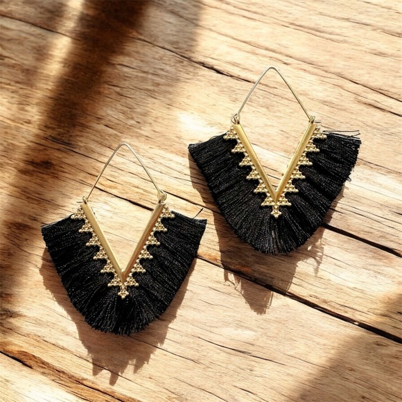Boho Chic Black Tassel Earrings on Gold Tone - Picture 4 of 6